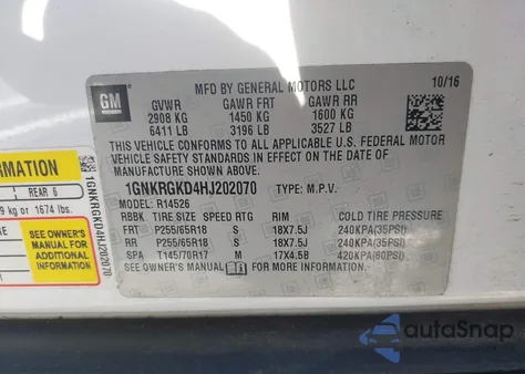 2017 Chevrolet Traverse 1Lt z USA, uszkodzony, nr VIN 1GNKRGKD4HJ202070